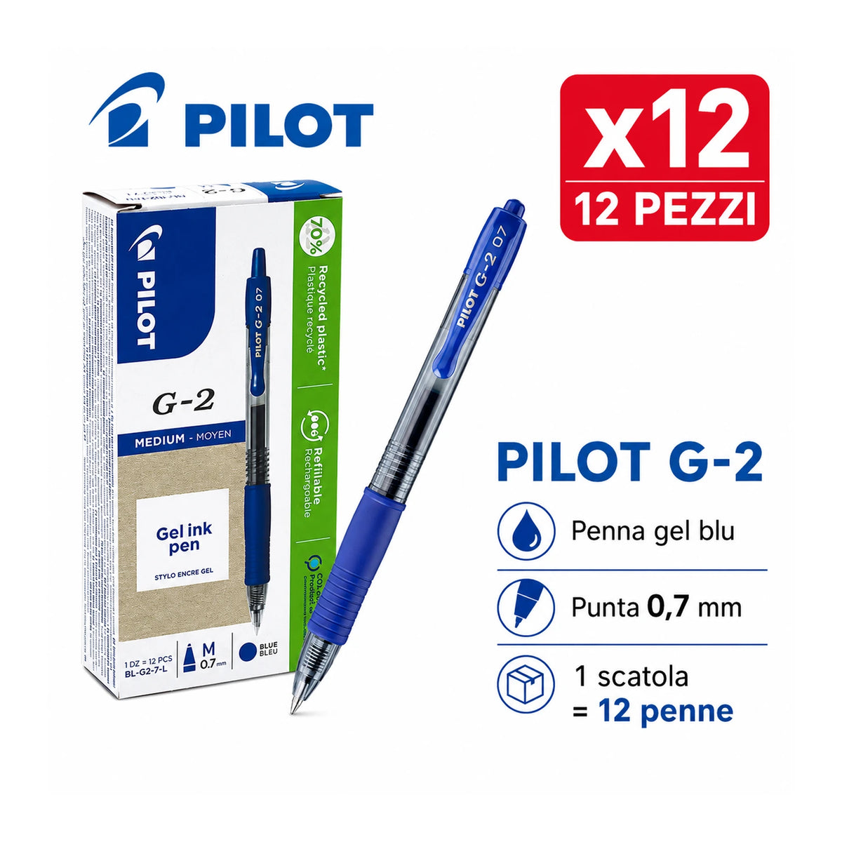 Confezione da 12 penne Pilot G2 blu 0,7 mm, penne a scatto per scuola, ufficio, appunti, documenti e cancelleria