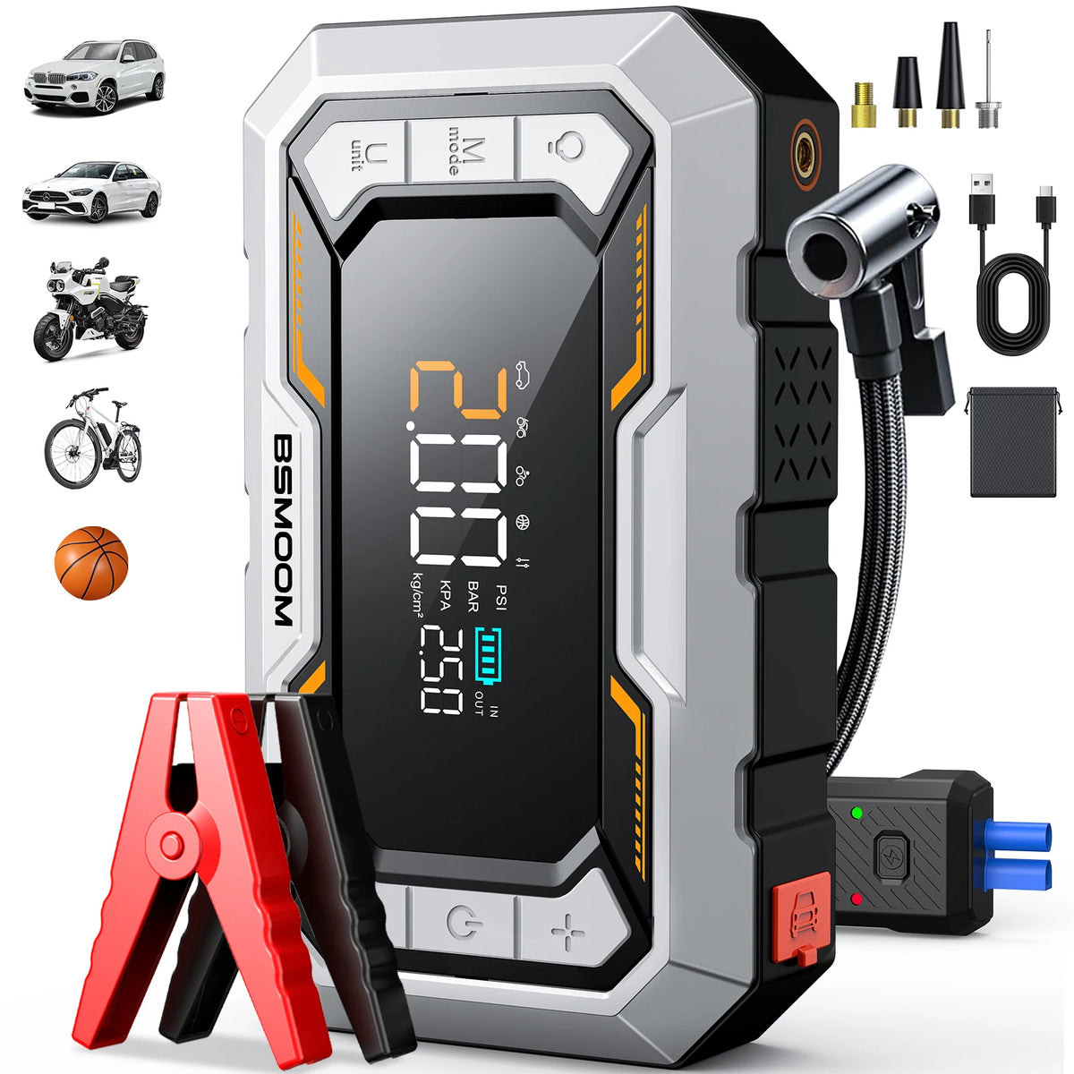 Avviatore di Emergenza per Auto con Compressore d'Aria Senza Fili, Gonfiatore Pneumatici, Booster Batteria con Power Bank e Torcia LED, Avviatore 12V per Tutti i Veicoli a Benzina o Diesel fino a 10.0L, Avviatore di Emergenza