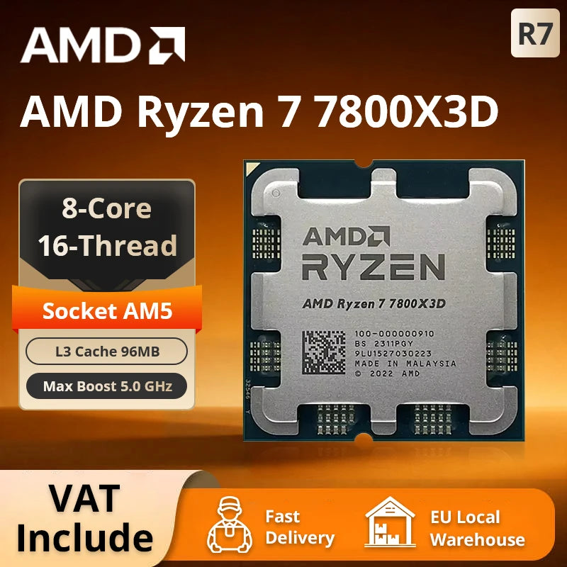 Processore da Gaming AMD Ryzen 7 7800X3D, 8-Core 96MB 3D V-Cache, Socket AM5, 5.0GHz, Ventola Non Inclusa
