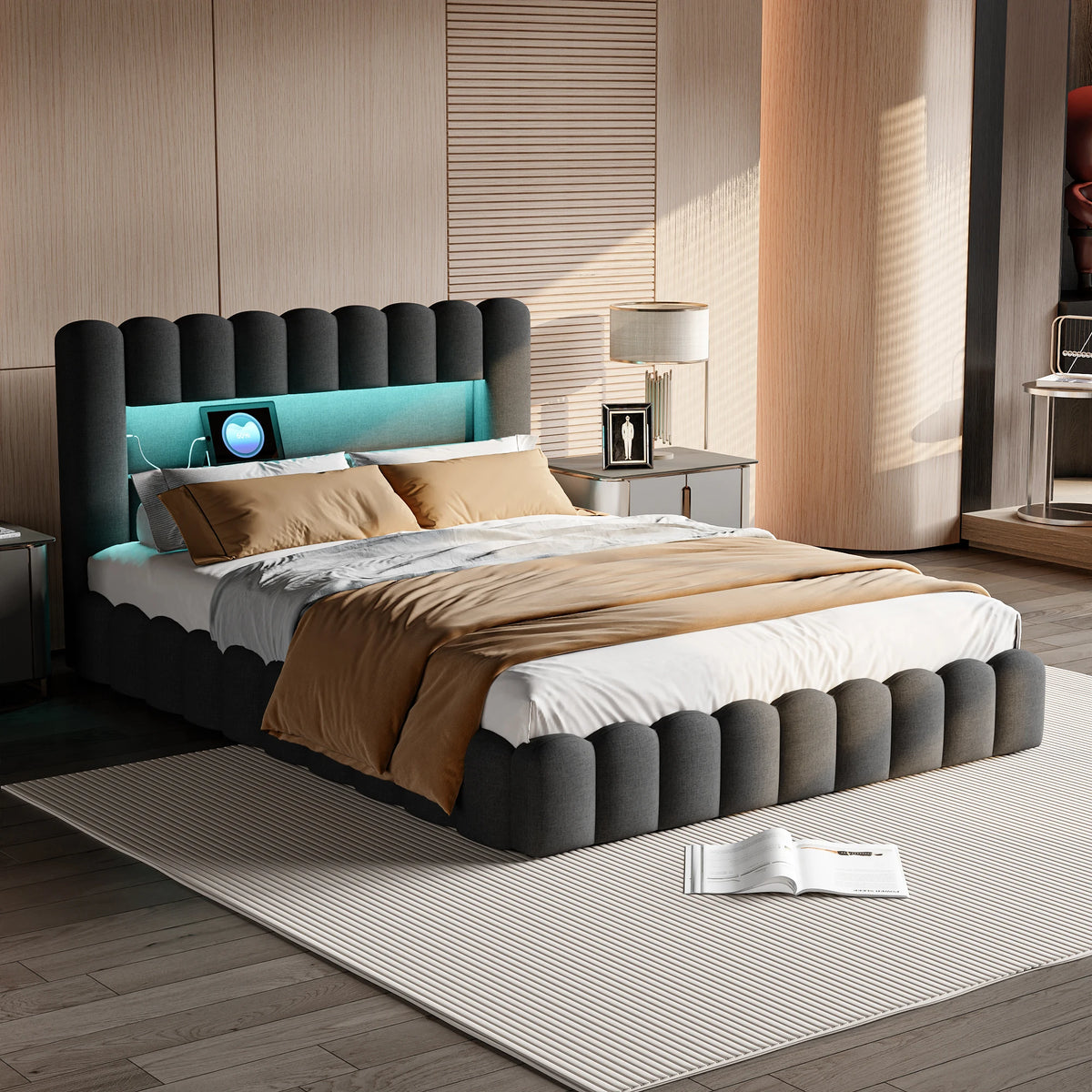 Anajqaqia Letto a bolle 140 x 200 cm, letto matrimoniale moderno con contenitore idraulico, struttura a tronco d'albero, materasso a incasso e testiera contenitore