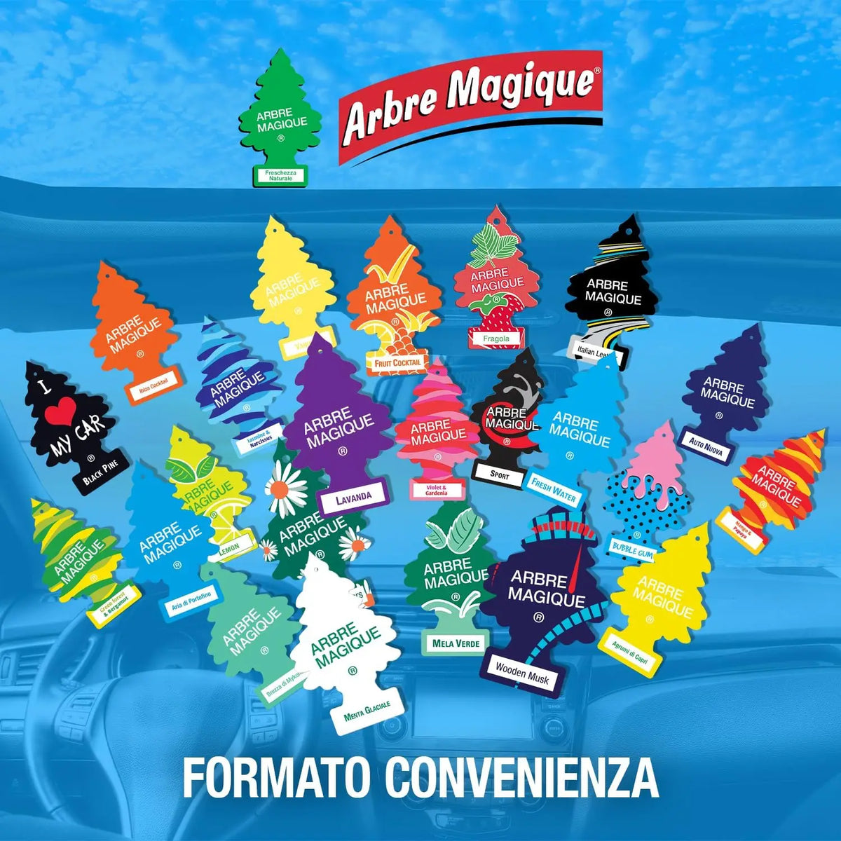 Arbre Magique Profumatore Auto, Fragranza assortiti, Profumazione Moderna, Durata Fino a 7 Settimane, Made in Italy, Confezione da 6 unità