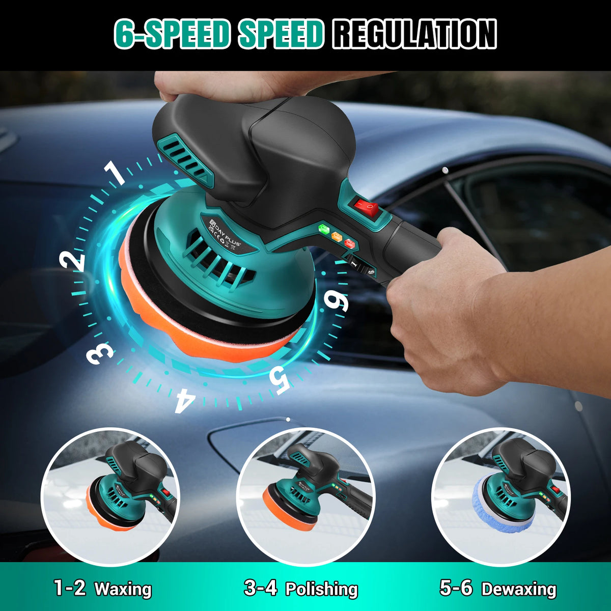 Lucidatrice per auto senza fili, lucidatrice elettrica a 6 velocità variabili con 2 batterie da 12V 2.0Ah – 2800-5500 giri/min, motore brushless – Per dettagli auto, ceratura, levigatura