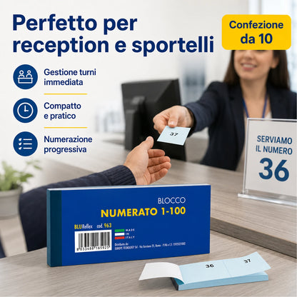 Confezione da 10 blocchi numerati 1/100 BLU963, blocchi da 100 fogli per ricevute, turni, magazzino, ufficio e attività commerciali