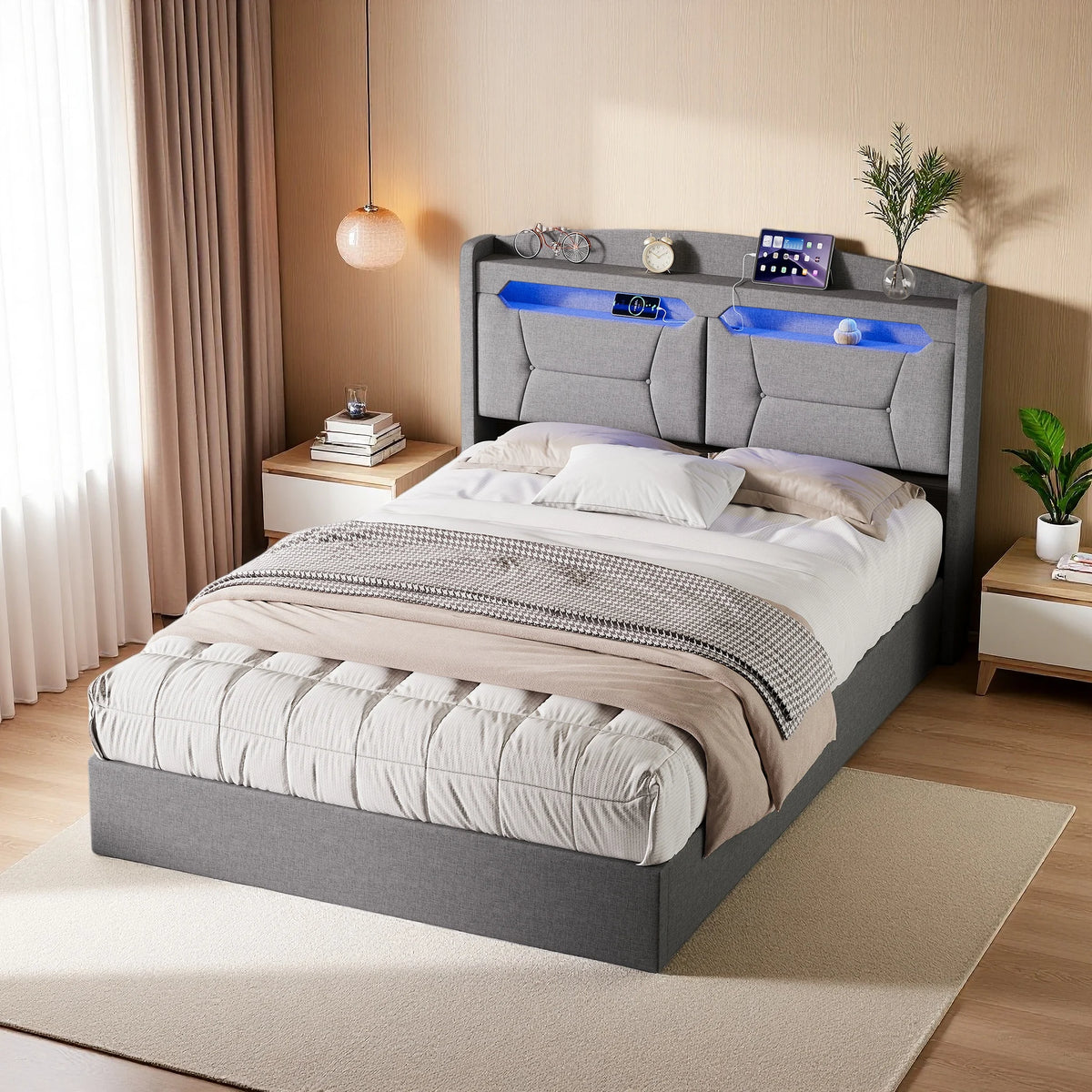 Anajqaqia, letto imbottito, dimensioni 140 x 190 cm, letto matrimoniale, letto con meccanismo idraulico, struttura letto per camere da letto di piccole dimensioni, letto per ragazzi, letto con ampio spazio contenitivo, letto