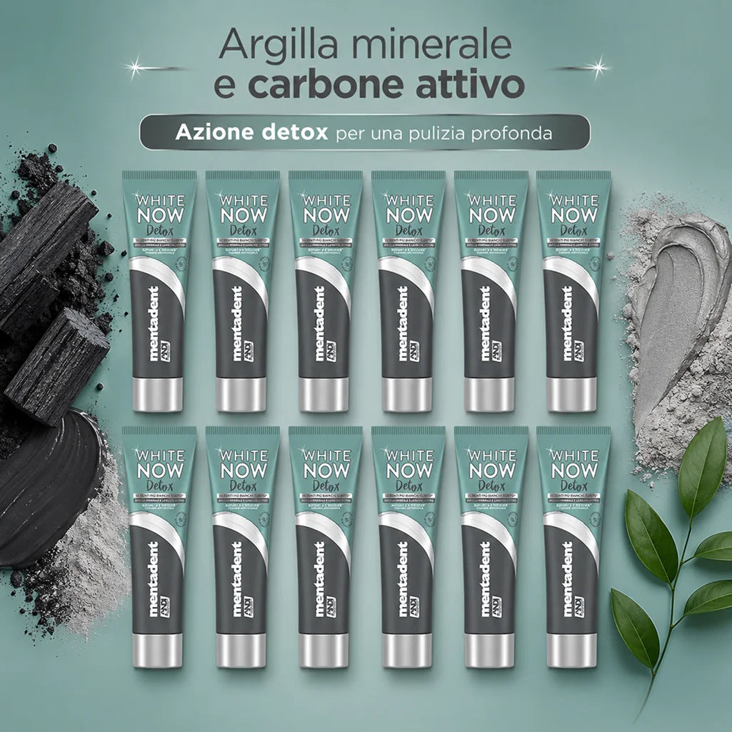Confezione da 12 Mentadent White Now Detox Carbone 75 ml, dentifricio per igiene orale quotidiana, 900 ml totali