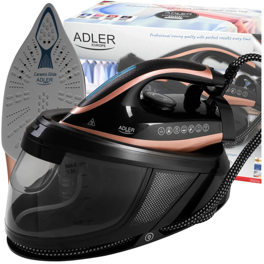 Ferro da stiro con funzione vapore, 3100 W, 8 bar, 600 g/min di vapore, sistema anti-goccia, sistema anti-calcare, piastra in ceramica, colore nero/oro.