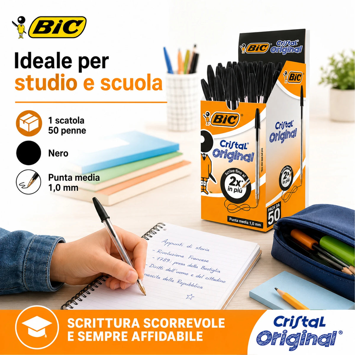 Confezione da 50 penne BIC Cristal Original nere a sfera, punta media 1 mm, penne per scuola, ufficio, cancelleria e uso quotidiano