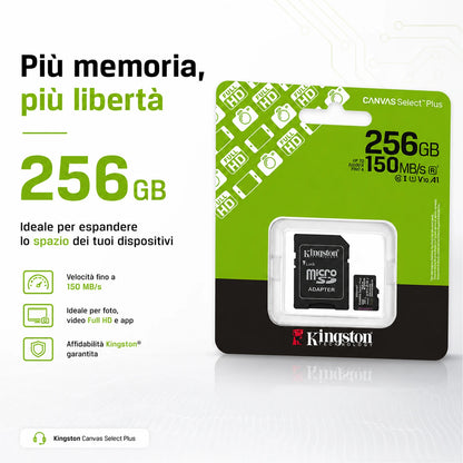 Confezione da 1 scheda di memoria Kingston Canvas Select Plus microSD 256 GB, microSDXC Gen3 UHS-I Class 10 A1 V10, 150 MB/s lettura, adattatore SD incluso