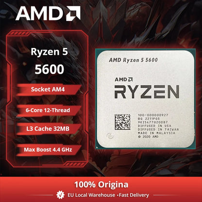 Processore Desktop AMD Ryzen 5 5600, 6C/12T, 4.4GHz, 32MB Cache, AM4, Senza Dissipatore Incluso