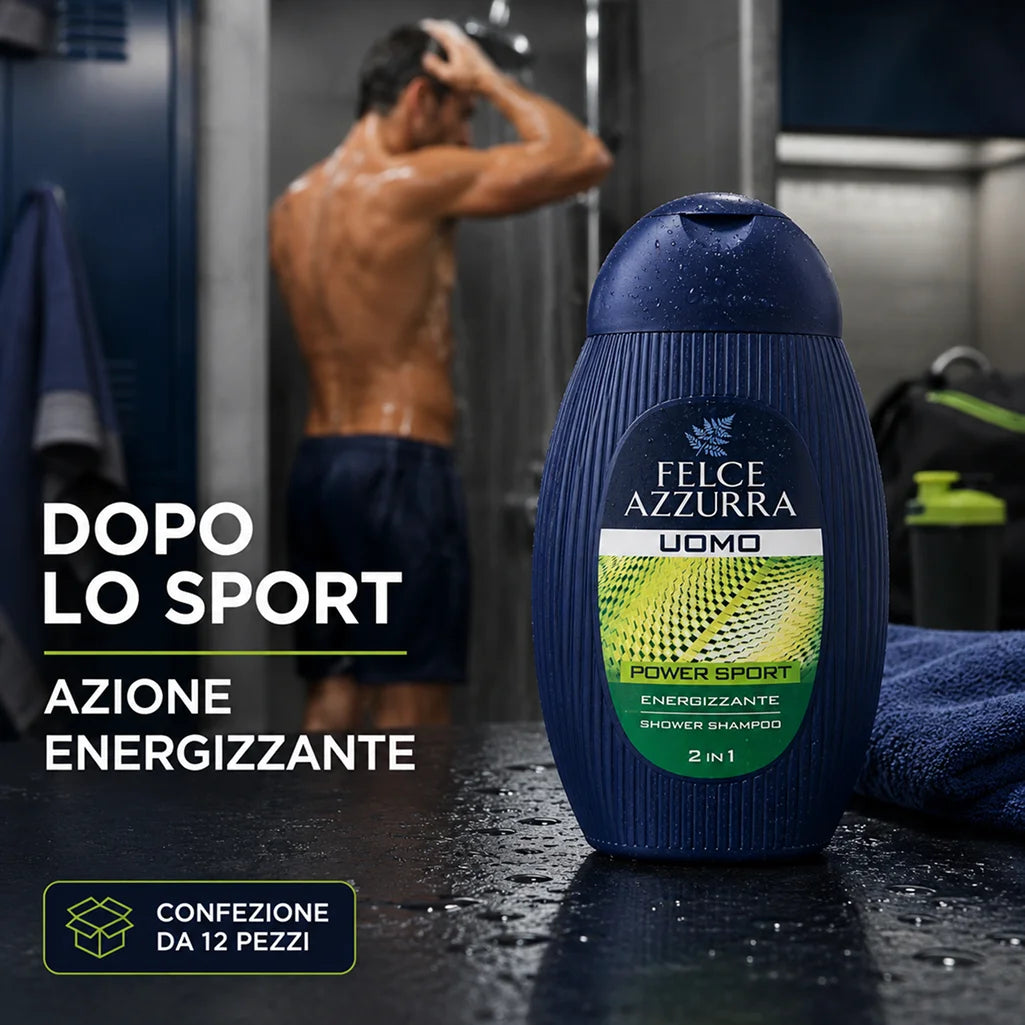 Confezione da 12 Felce Azzurra Doccia Shampoo Sport 250 ml, detergente 2 in 1 per corpo e capelli, 3 L totali