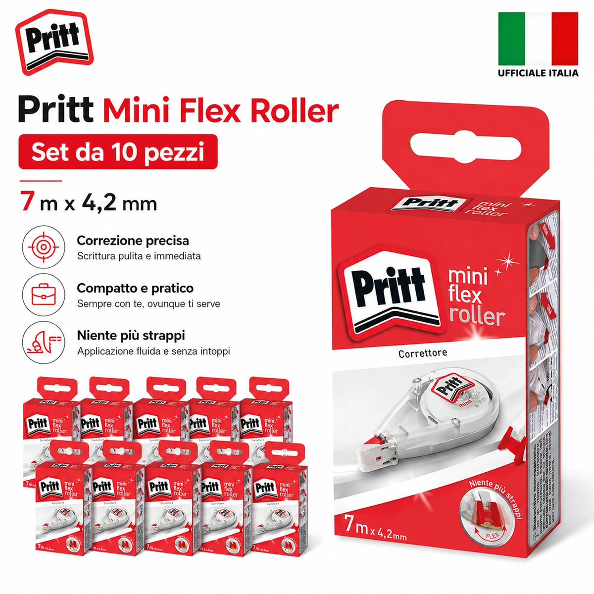 Confezione da 10 Pritt Correttore Mini Roller 4,2 mm x 7 m, punta flessibile con funzione push-pull, correttori a nastro per scuola e ufficio