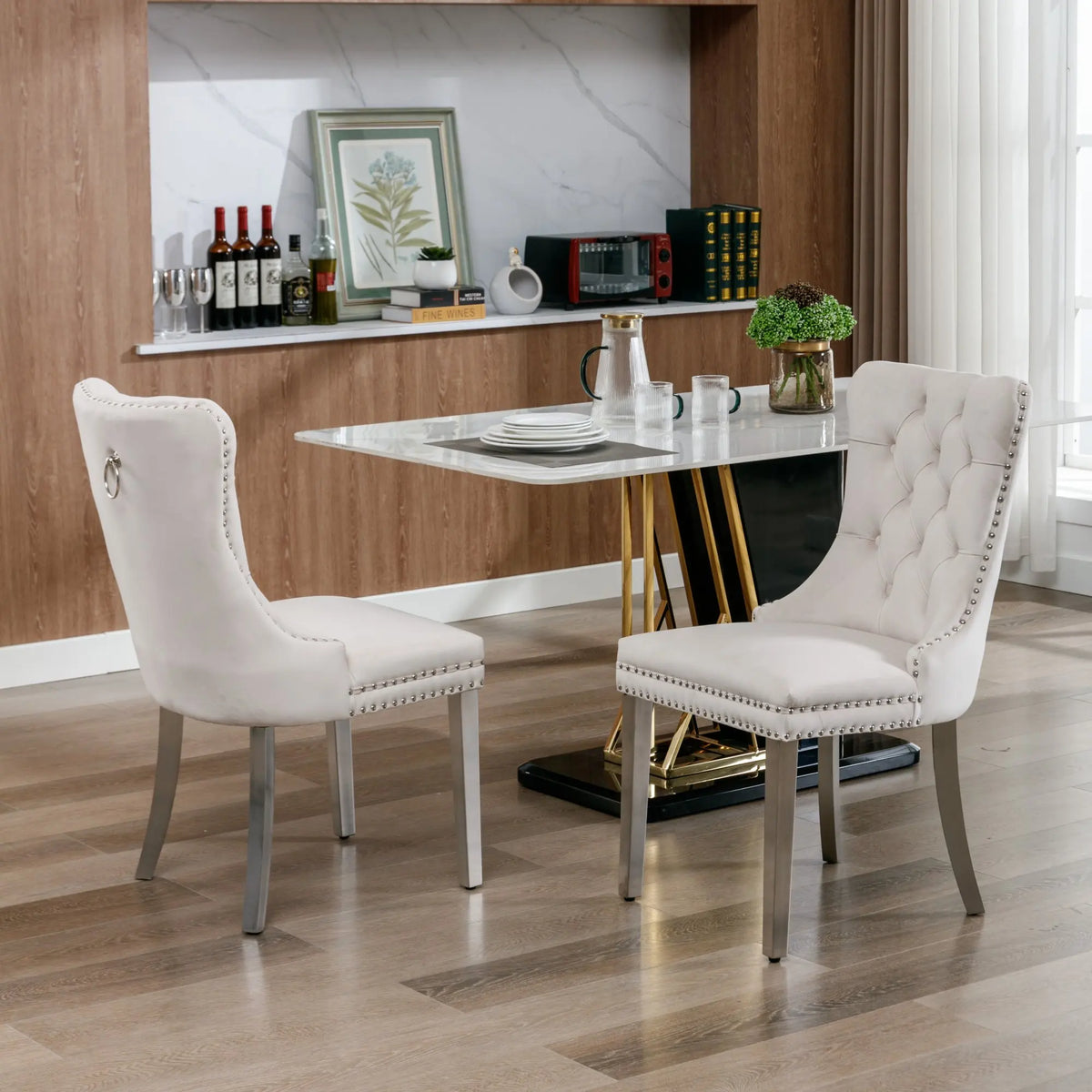 Set di 2 sedie da pranzo in velluto, sedie d’arredo imbottite, 50 cm di larghezza x 95 cm di altezza, con schienale alto e dettagli a bottoni, gambe in acciaio inossidabile cromato e finiture con borchie, sedie da pranzo mo