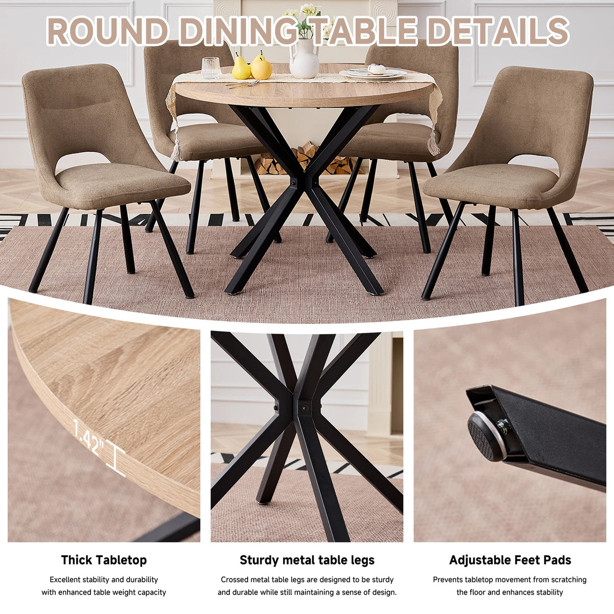 Tavolo da pranzo rotondo in stile nordico EGOONM, 100 cm, piano in MDF, gambe in metallo nero, ideale per sala da pranzo, cucina e arredamento della casa.