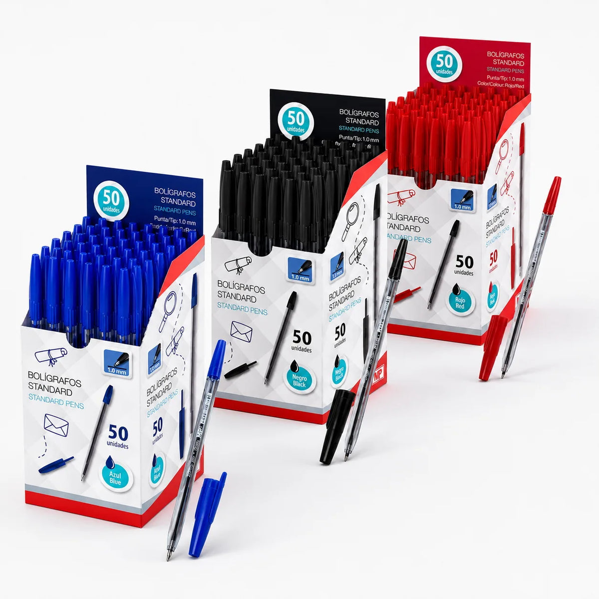 Confezione da 50 penne a sfera classiche, punta media, 1,0 mm. |     Penne a scrittura fluida per scuola, ufficio e studio |     Corpo trasparente, 14,5 cm (blu / nero / rosso).