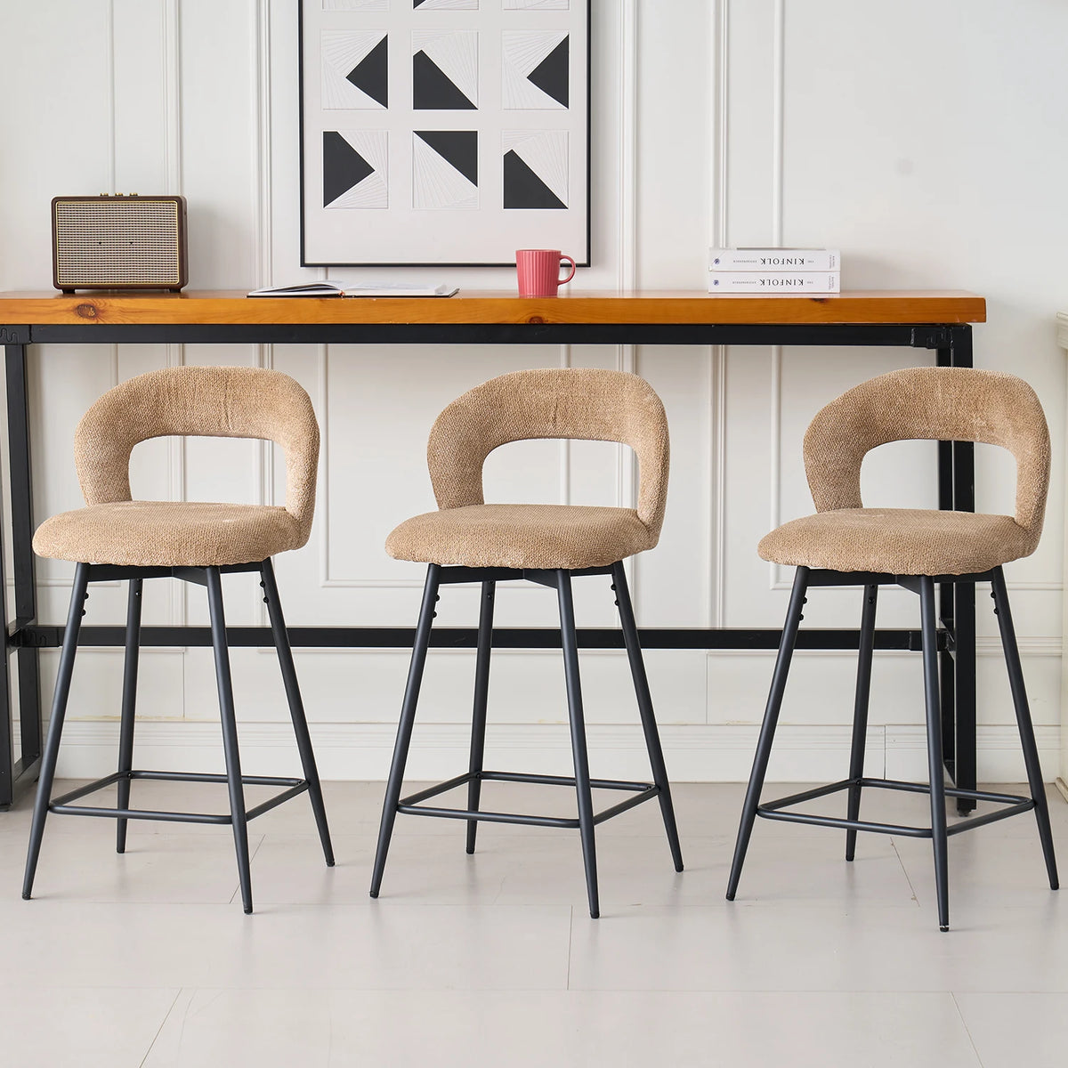 EGOONM Set da 2/4 sgabelli da bar girevoli in lino con schienale aperto e poggiapiedi, sedie da bar moderne imbottite per isola cucina, gambe in metallo nero