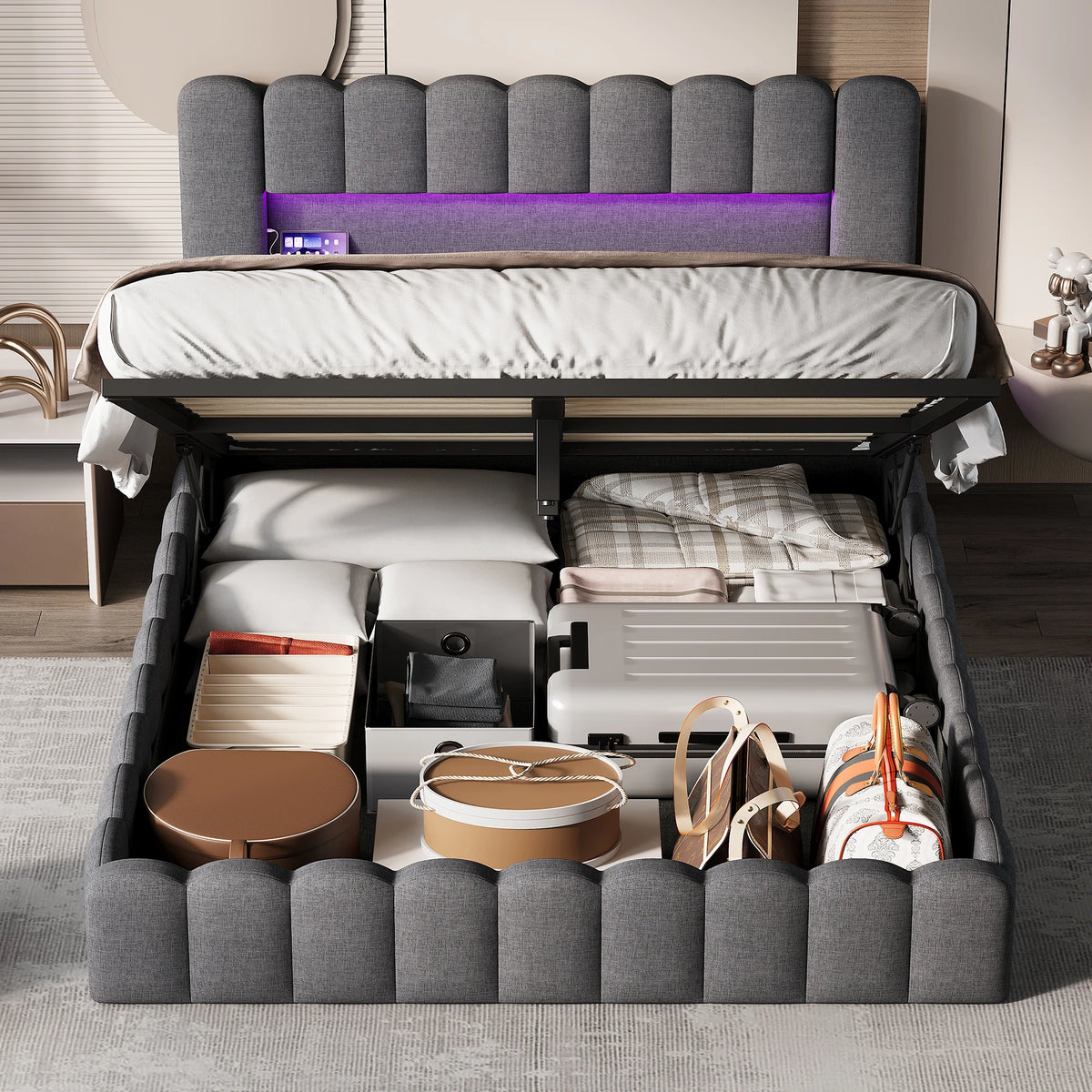 Anajqaqia Letto a bolle 140 x 200 cm, letto matrimoniale moderno con contenitore idraulico, struttura a tronco d'albero, materasso a incasso e testiera contenitore