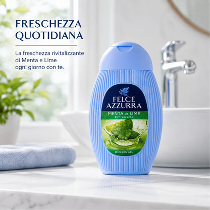 Confezione da 12 Felce Azzurra Doccia Menta e Lime 250 ml, bagnodoccia profumato per la detersione quotidiana, 3 L totali
