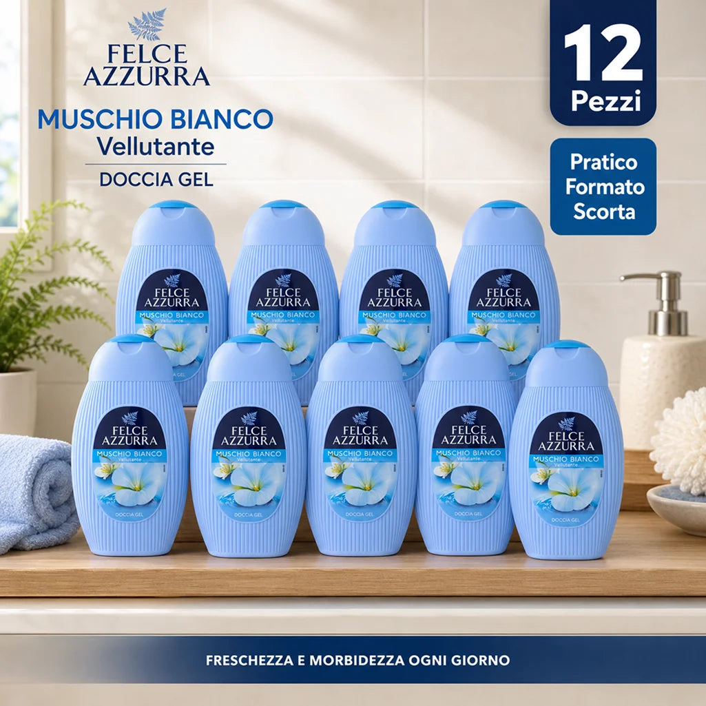 Confezione da 12 Felce Azzurra Doccia Muschio 250 ml, bagnodoccia profumato per la detersione quotidiana, 3 L totali