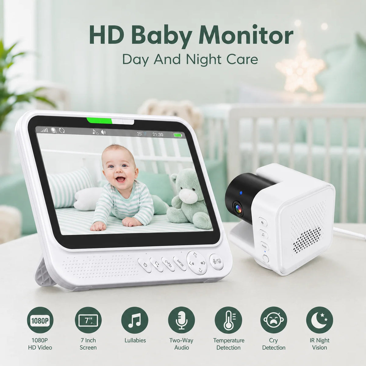 Monitor per bambini intelligente da 7 pollici con telecamera PTZ avanzata, zoom, sensore di temperatura, funzione di ninna nanna rilassante, visione notturna e audio bidirezionale. Offre una sorveglianza affidabile per la sic