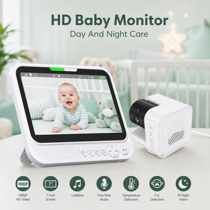 Monitor per bambini intelligente da 7 pollici con telecamera PTZ avanzata, zoom, sensore di temperatura, funzione di ninna nanna rilassante, visione notturna e audio bidirezionale. Offre una sorveglianza affidabile per la sic