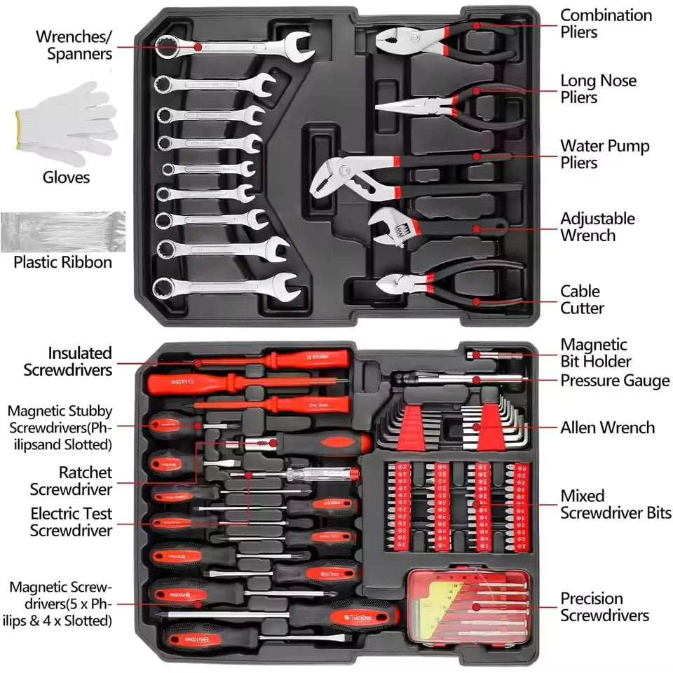 Set di 799 utensili manuali per meccanici, con valigetta in alluminio, composto da chiavi, bussole, cacciaviti, pinze e martello, ideale per riparazioni domestiche, lavori fai-da-te, officine e autolavaggi.