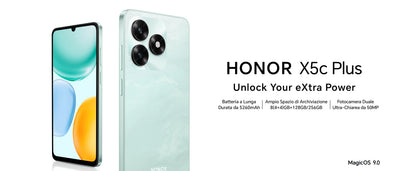 Smartphone HONOR X5c Plus, 5260 mAh, display da 6,74 pollici a 90 Hz, fotocamera da 50+5 MP, Android 15, processore octa-core, riconoscimento delle impronte digitali e del volto