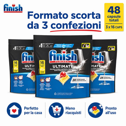 Finish Ultimate Limone 16 Tabs per Confezione, Pastiglie per Lavastoviglie, Varianti da 3 o 4 Confezioni, 48 o 64 Tabs Totali