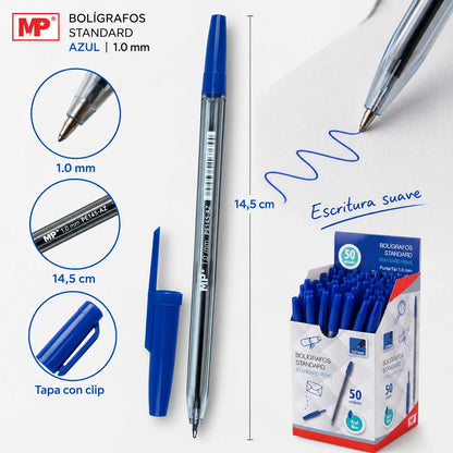 Confezione da 50 penne a sfera classiche, punta media, 1,0 mm. |     Penne a scrittura fluida per scuola, ufficio e studio |     Corpo trasparente, 14,5 cm (blu / nero / rosso).