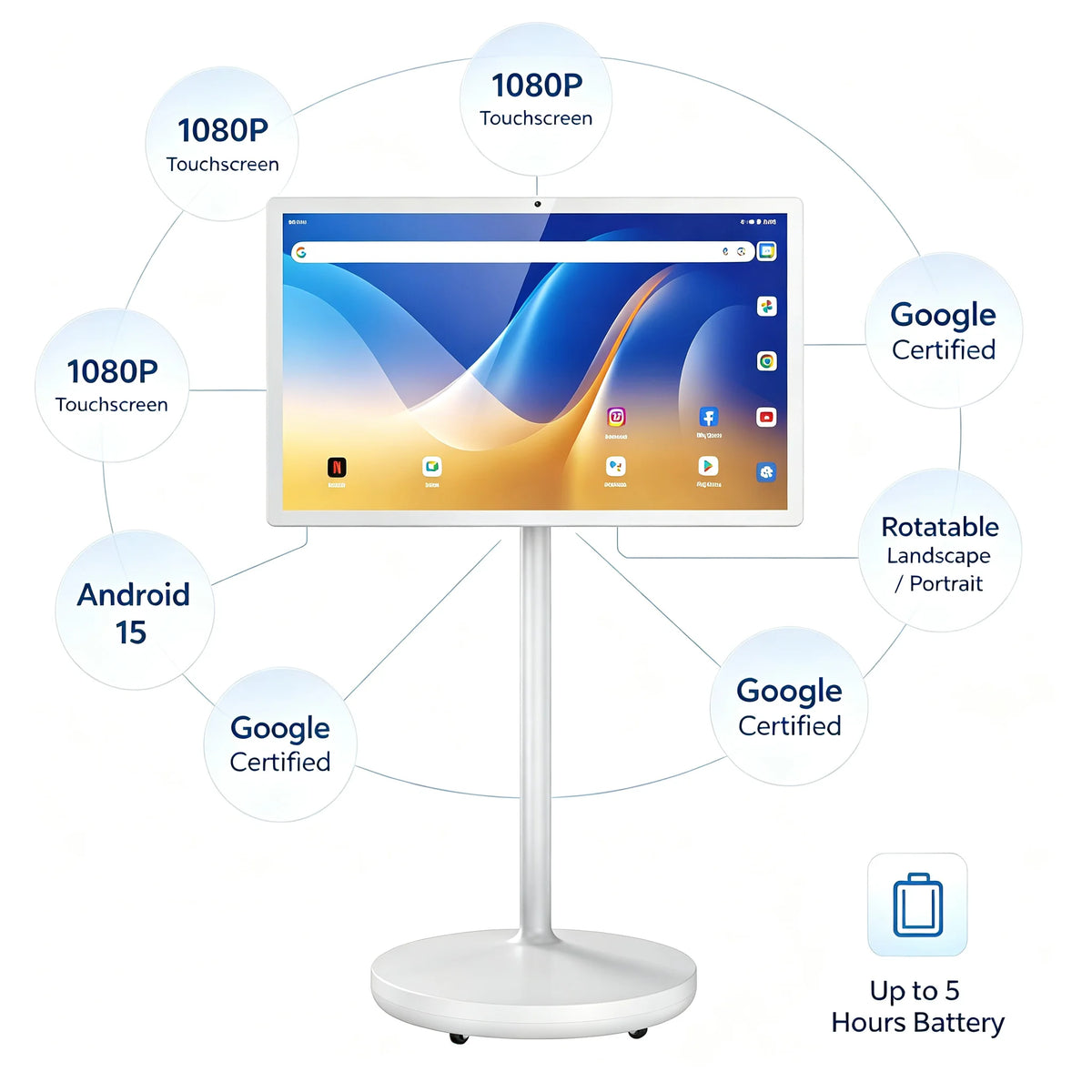 Coolita, TV da terra con schermo touchscreen intelligente da 32 pollici, risoluzione 1080P, sistema operativo Android 15, certificazione Google, batteria da 8000 mAh, schermo girevole, altoparlanti da 10 W x 4.