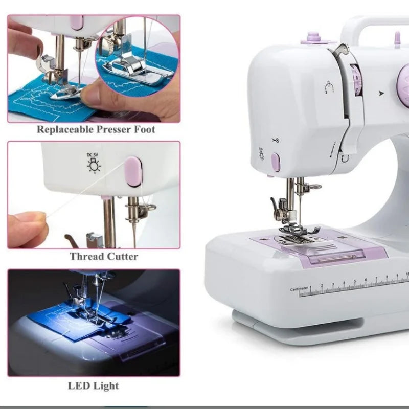 Macchina da cucire elettrica portatile, mini, con 12 punti, multifunzionale, a 2 velocità, con pedale, strumento da cucito per uso domestico, ideale per principianti, bambini, famiglie e per riparazioni di abiti fai-da-te.