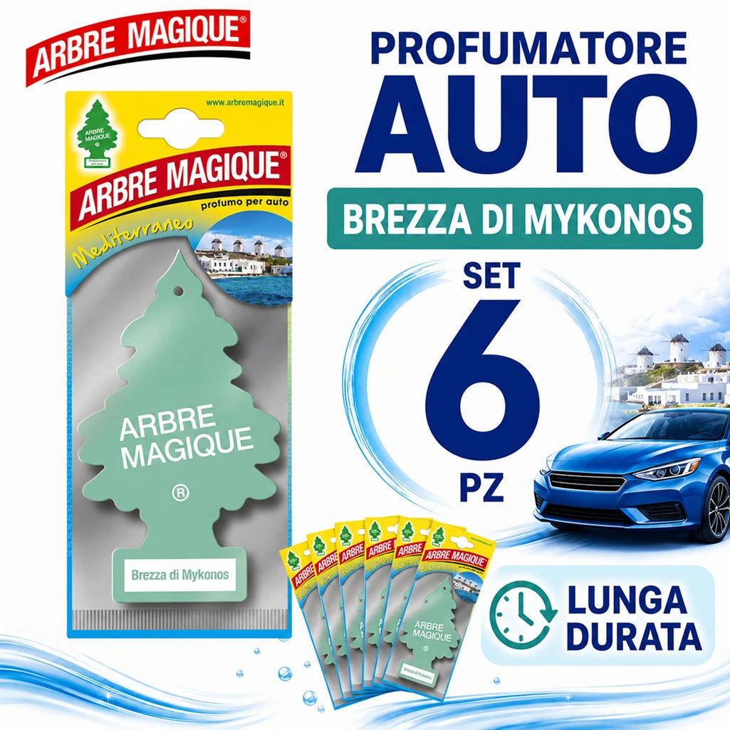 Confezione da 6, 12 o 24 Arbre Magique Brezza di Mykonos, profumatori auto da appendere, fragranza dolce e delicata, formato scorta per auto, furgone, armadio e piccoli ambienti
