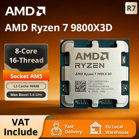 CPU Desktop AMD Ryzen 7 9800X3D – 8 Core, 5.6GHz Boost, 96MB Cache L3, 120W TDP, AM5, Dissipatore Non Incluso