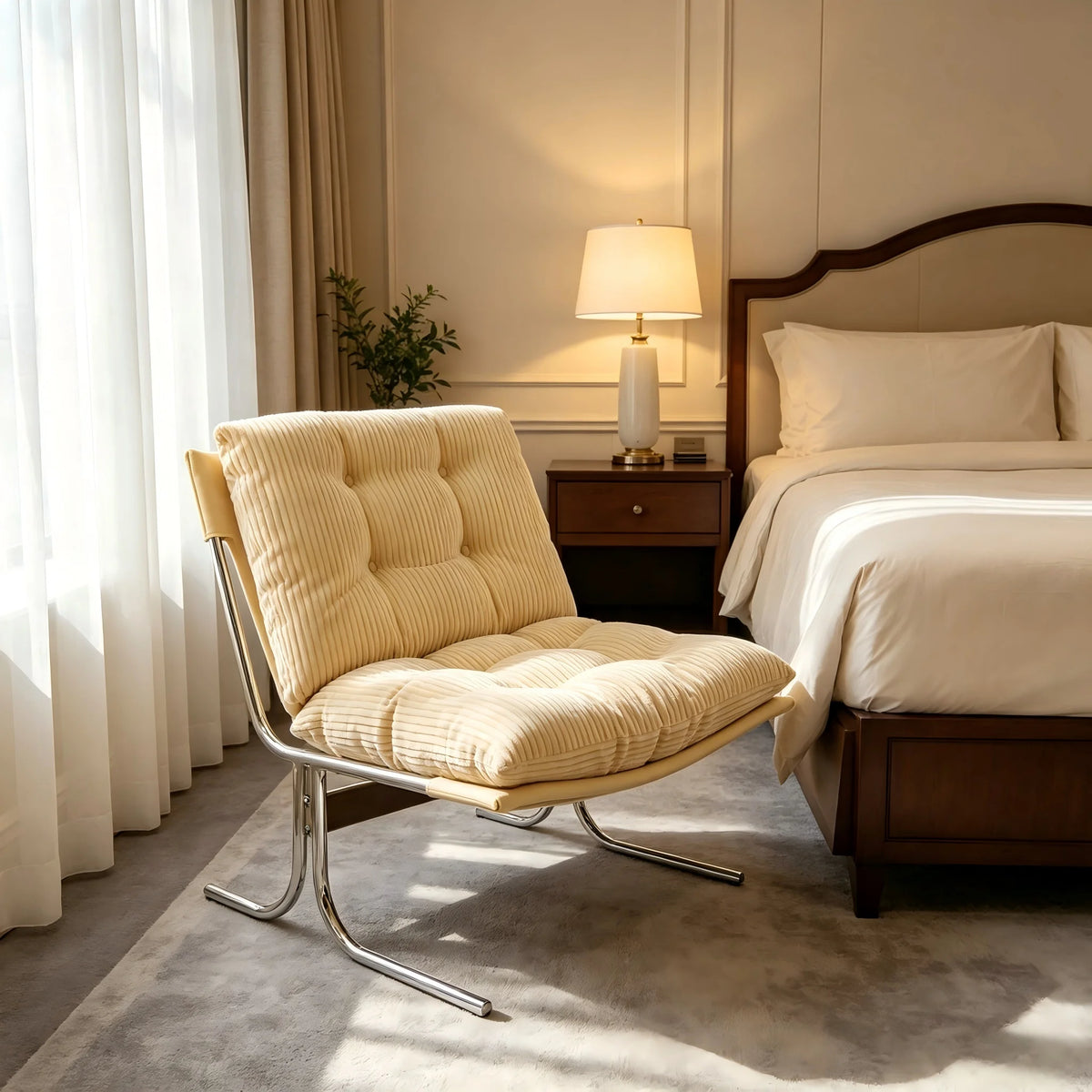 Comoda Poltrona in Velluto a Coste con Rivestimento Rimovibile, Elegante Sedia da Soggiorno con Gambe in Metallo, Morbida Poltrona in Stile Barcellona per Sala d'Attesa, Balcone, Camera da Letto