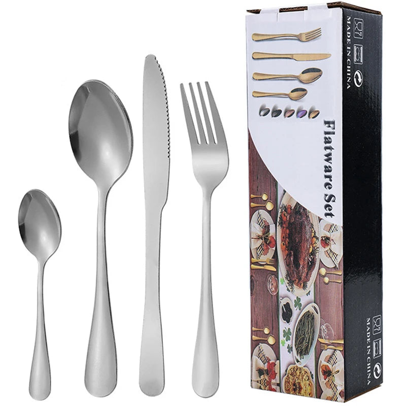 Set di posate in acciaio inossidabile color argento, composto da 24 pezzi: coltelli, forchette, cucchiai e cucchiaini, ideale per la tavola di casa e come regalo – set per 6 persone.
