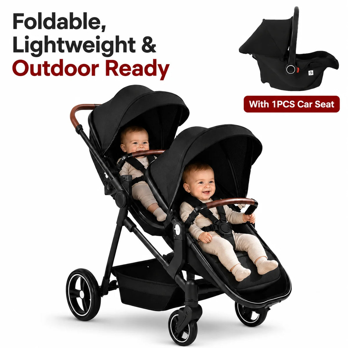 Passeggino Doppio per Bambini da Esterno, Multifunzionale 3-in-1, con Due Seggiolini Auto per Bambini