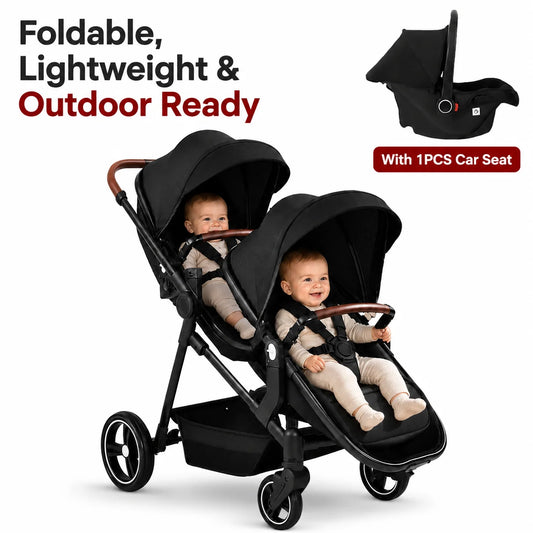 Passeggino Doppio per Bambini da Esterno, Multifunzionale 3-in-1, con Due Seggiolini Auto per Bambini