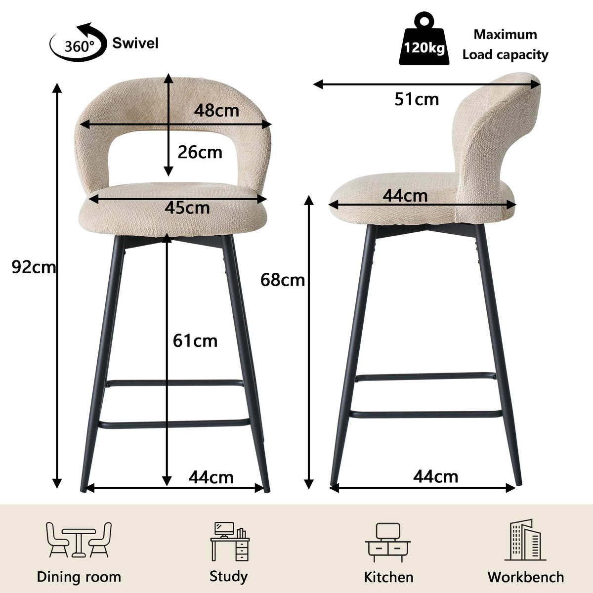 EGOONM Set da 2/4 sgabelli da bar girevoli in lino con schienale aperto e poggiapiedi, sedie da bar moderne imbottite per isola cucina, gambe in metallo nero
