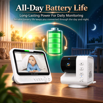 Monitor per bambini intelligente da 7 pollici con telecamera PTZ avanzata, zoom, sensore di temperatura, funzione di ninna nanna rilassante, visione notturna e audio bidirezionale. Offre una sorveglianza affidabile per la sic