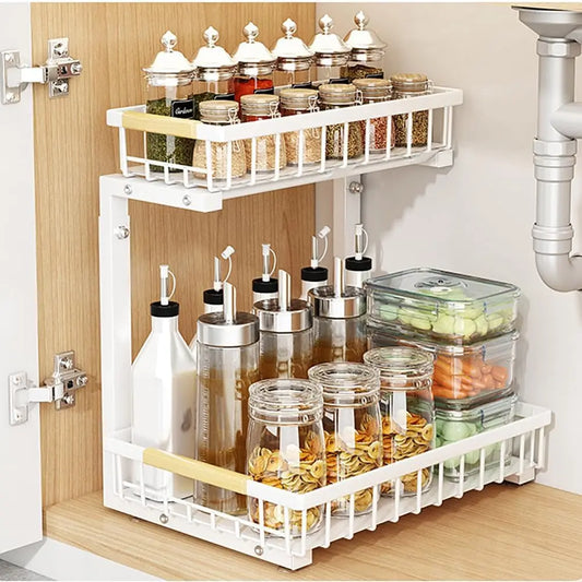 Organizzatore a 2 livelli sotto il lavello, scaffale scorrevole in acciaio al carbonio, mobiletto sottolavello in metallo, a forma di L, altezza regolabile, salvaspazio, ripiano estraibile per cucina e bagno, bianco