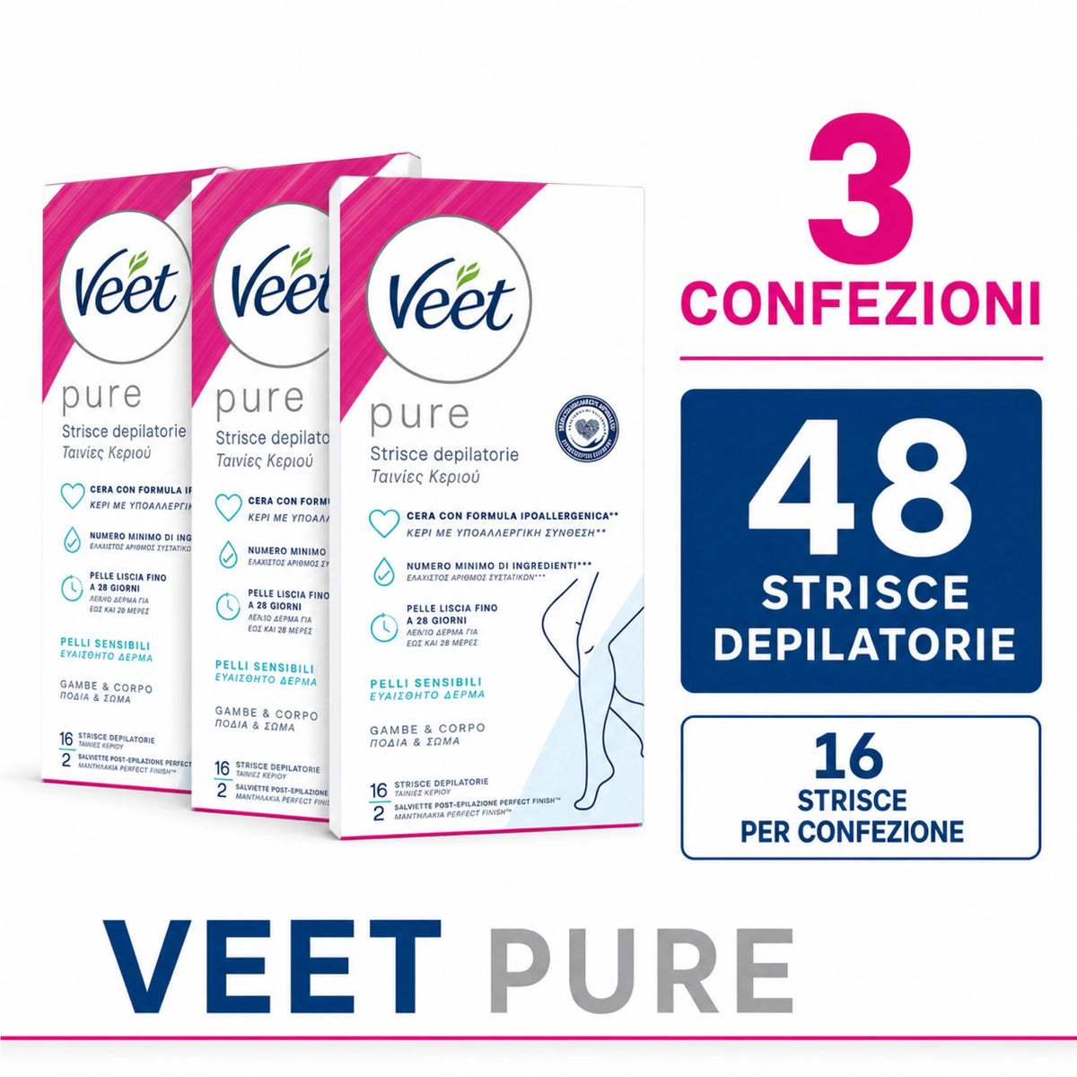 Veet Pure Strisce Corpo 16 pz Ipoallergeniche, strisce depilatorie per il corpo, varianti da 2, 3 o 5 confezioni, 32/48/80 strisce totali