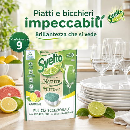 Confezione da 9 Svelto Tabs Tutto in 1 Agrumi, pastiglie lavastoviglie 15 pezzi, formato scorta per cucina, casa e uso quotidiano