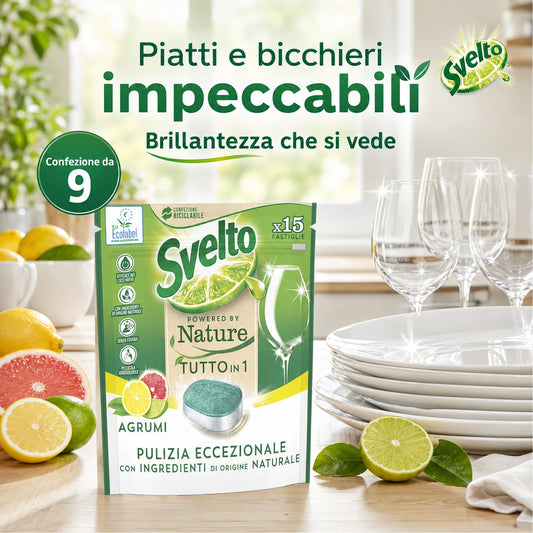 Confezione da 9 Svelto Tabs Tutto in 1 Agrumi, pastiglie lavastoviglie 15 pezzi, formato scorta per cucina, casa e uso quotidiano