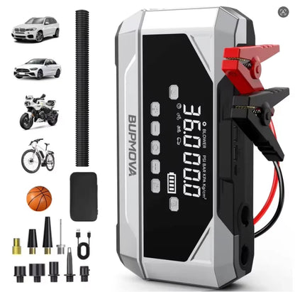 Avviatore di Emergenza per Auto con Compressore d'Aria Senza Fili, Gonfiatore Pneumatici, Booster Batteria con Power Bank e Torcia LED, Avviatore 12V per Tutti i Veicoli a Benzina o Diesel fino a 10.0L, Avviatore di Emergenza