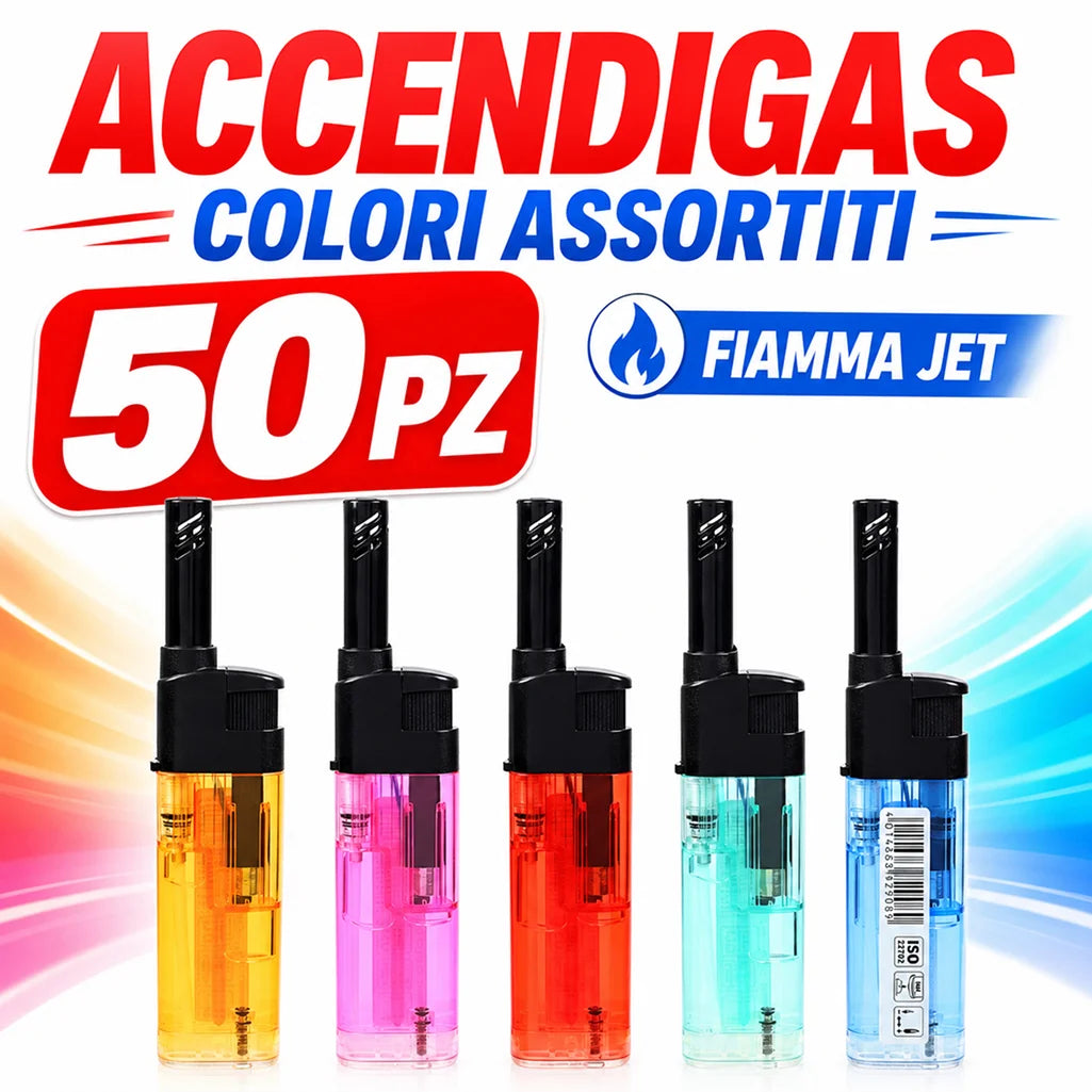 Confezione da 50 mini accendigas ROCKET trasparenti assortiti, accenditori multiuso compatti per Cucina, Fornelli, Candele, Campeggio e Uso quotidiano