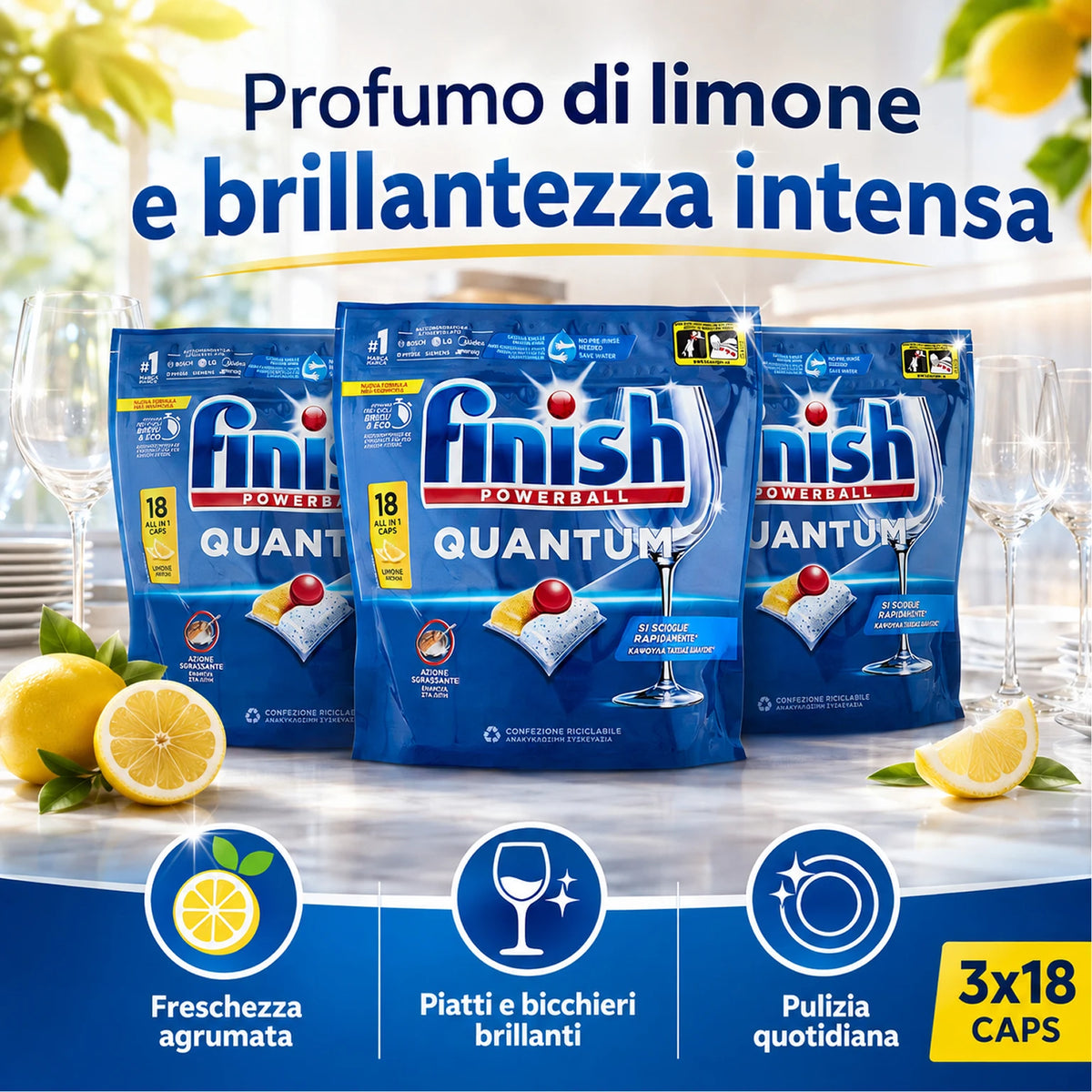 Confezione da 3 Finish Quantum Limone, 18 tabs per confezione, 54 pastiglie totali per lavastoviglie