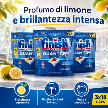 Confezione da 3 Finish Quantum Limone, 18 tabs per confezione, 54 pastiglie totali per lavastoviglie