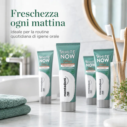 Confezione da 12 Mentadent White Now Detox Cocco 75 ml, dentifricio al gusto cocco per igiene orale quotidiana, 900 ml totali