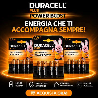 Confezione da 12 Batterie Alcaline Duracell AA Plus, Pacco da 4 Batterie a Lunga Durata