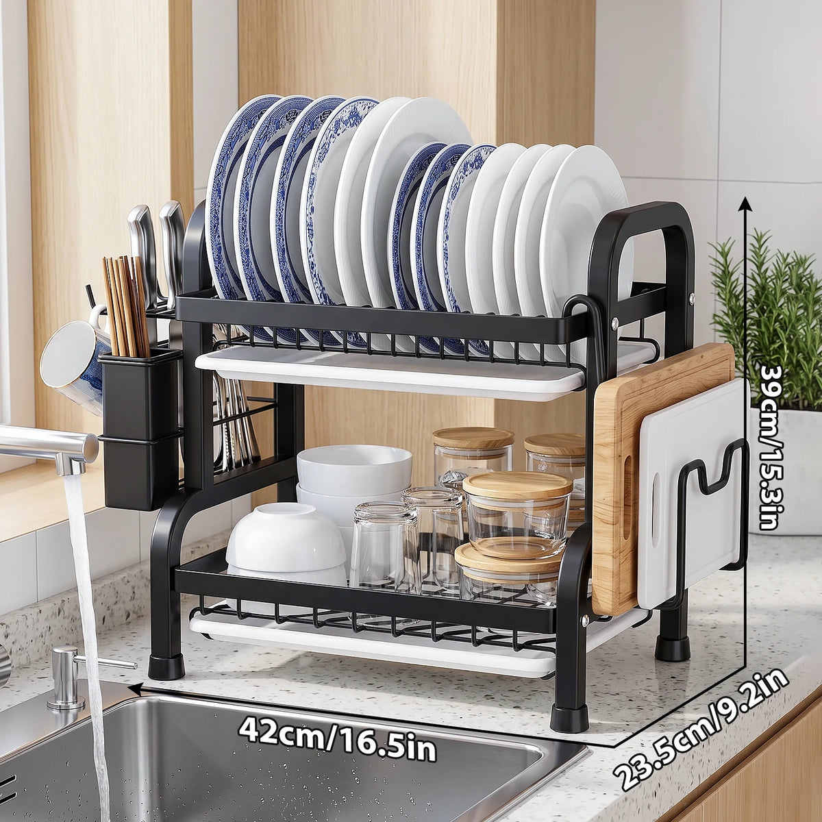 Scolapiatti a 2 livelli per il piano di lavoro della cucina, scolapiatti in metallo con vaschetta raccogli-acqua, rivestimento resistente alla ruggine, scolapiatti salvaspazio per piatti e posate.