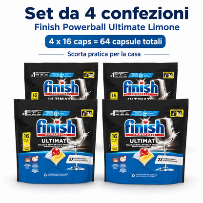 Finish Ultimate Limone 16 Tabs per Confezione, Pastiglie per Lavastoviglie, Varianti da 3 o 4 Confezioni, 48 o 64 Tabs Totali